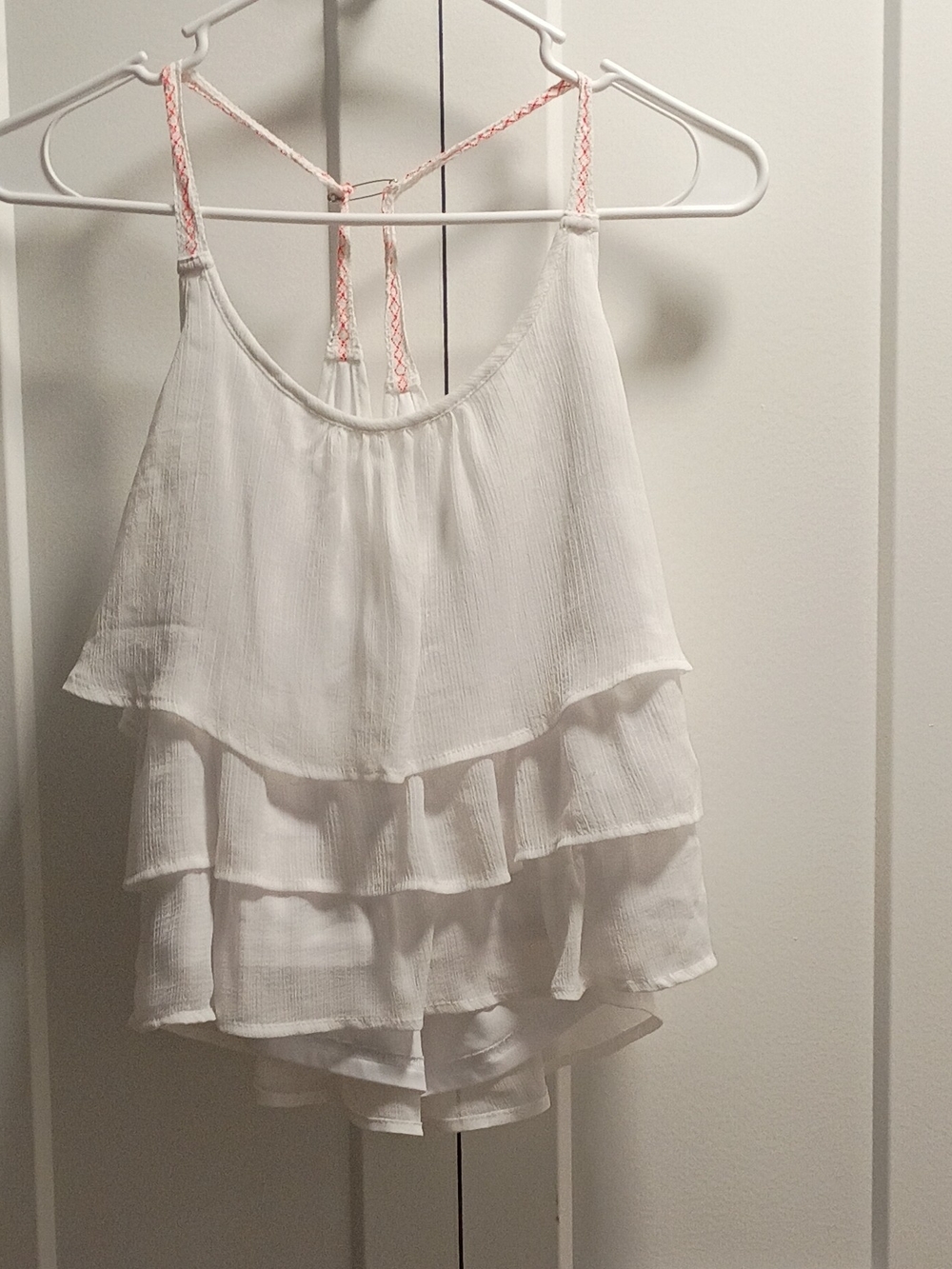 White Tiered Ruffle Camisole with Pink Braided Straps